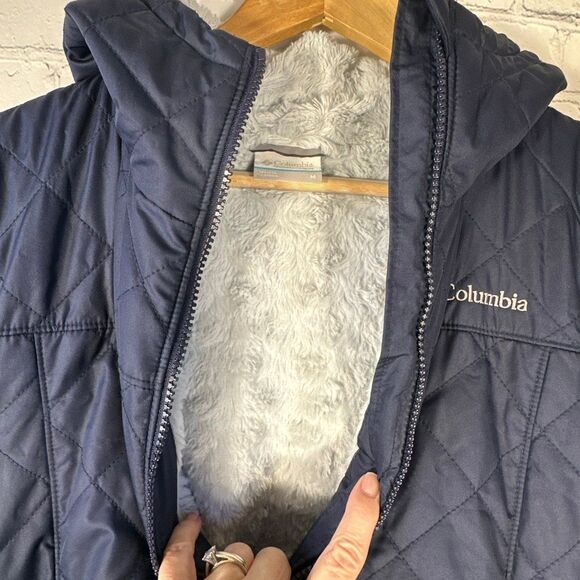 Columbia Jacket womens Medium Blue Navy Copper Crest Long Hooded Plush Fur Lined - Picture 4 of 9